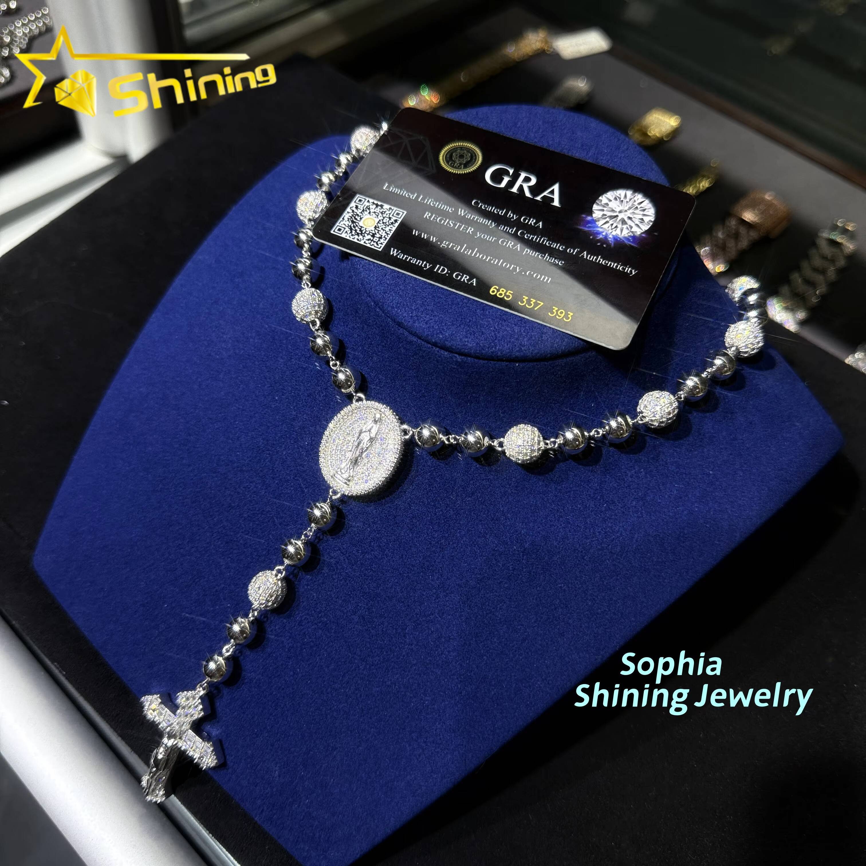 Hip Hop 925 Silver Moissanite Bead Necklace with Cross Pendant Custom Iced Out Moissanite Diamond Rosary Chain