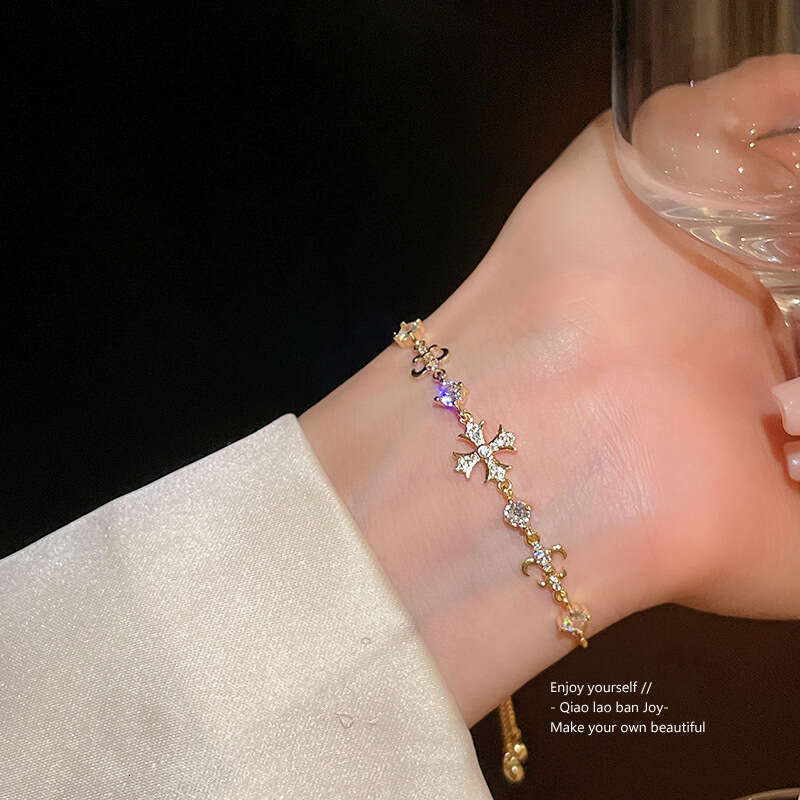 Iris Flower Zircon Cross Adjustable European And American Versatile Stylish Bracelet, Fashionable Niche Design Jewelry