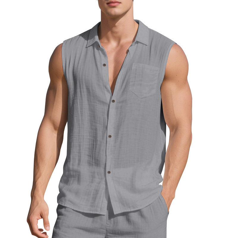Fashion Turn-down Collar Linen Shirt for Men Summer Thin Loose Simple Casual Sleeveless Cardigan T-shirt Vest 260417 - view 6