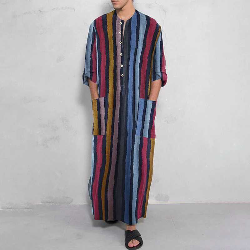 Mens Muslim Long Sleeve Cotton Striped Robes Islamic Arabian Kaftan Suit Middle East Dubai Abaya Retro Spring Clothing 2025 New W251216