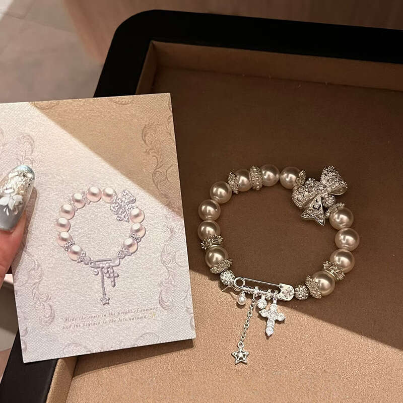 Zircon And Pearl Beaded Cross Pendant French Vintage Fashion Temperament Bracelet, Light Luxury High-End Jewelry