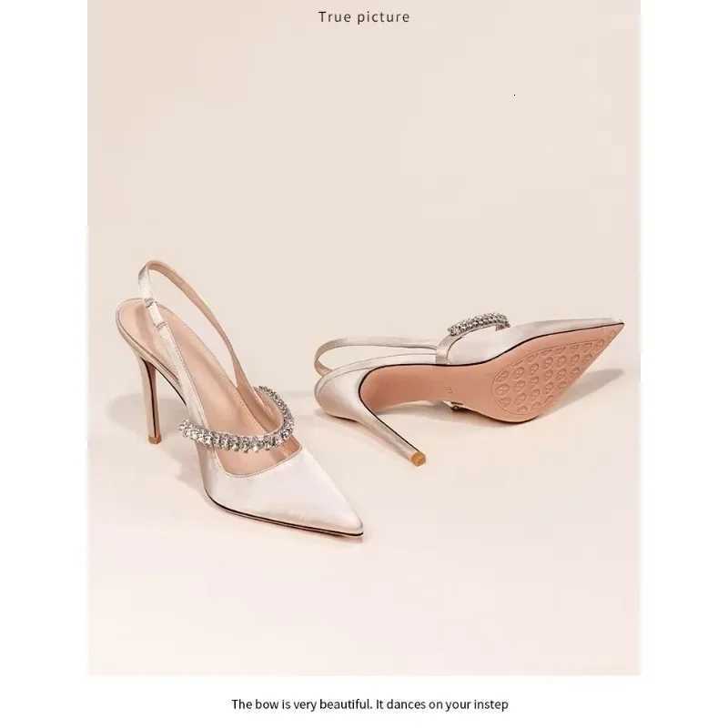 White Faux Leather Pointed Toe Pumps, 9cm High-Heeled Sandals with Rhinestone Embellishment, Formal Event Shoes - view 7