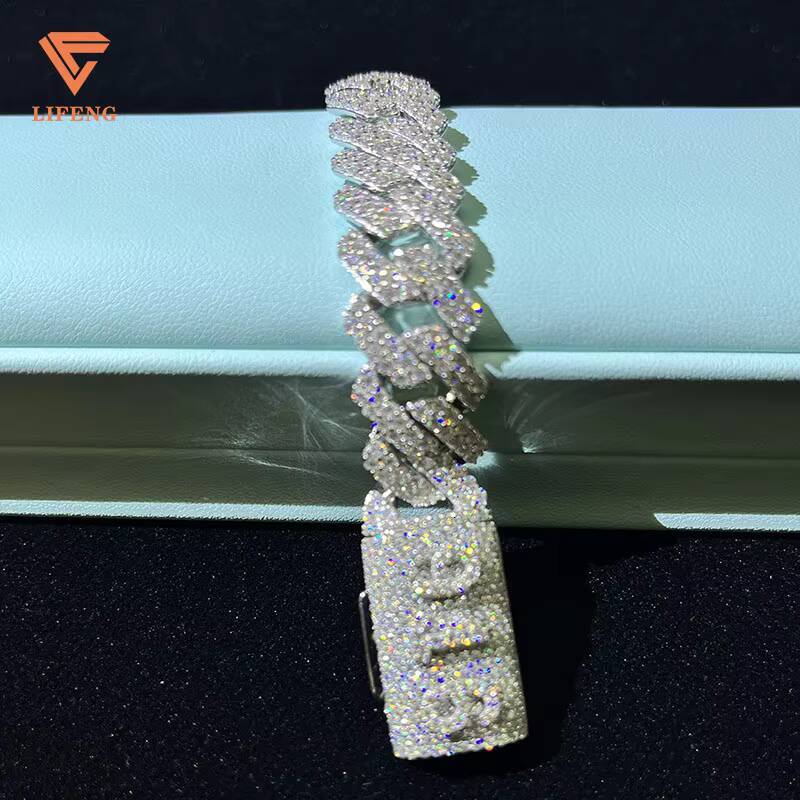 Lifeng Jewelry Custom Name Cuban Link Chain Bracelet Ice 14MM 2rows VVS Moissanite Silver White Gold Plated Cuban Chain