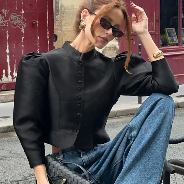 Casual Solid Autumn Puff Sleeve Shirt Women O-neck Single Breasted Short Tops Female Fashion Spring Summer Outwear Lady 260416 - view 4