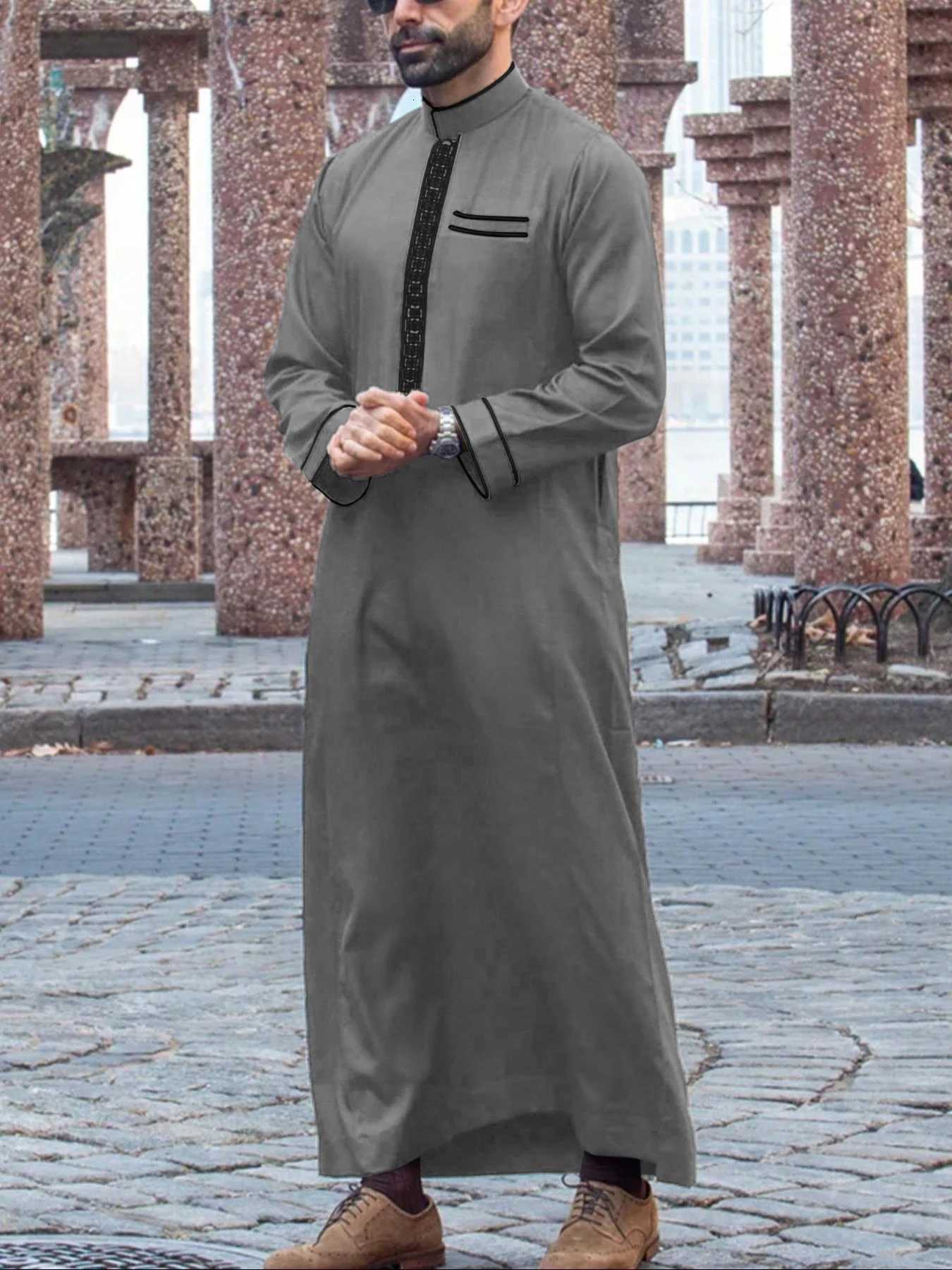 Arabic Robe Muslim Mens Thobe Prayer Dress Festive Clothes Stand Collar Long Sleeve Embroidered Ethnic Style Islamic Clothing W251216