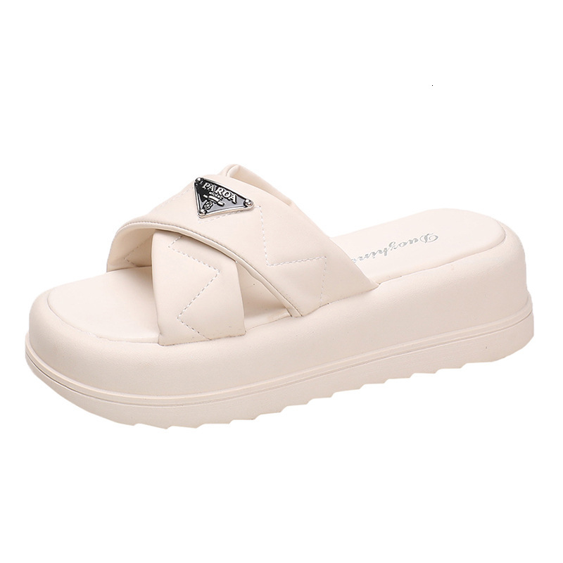 thick-soled platform summer fashionable Women's Cream Platform Slides Cross Strap Casual Slippers sandals