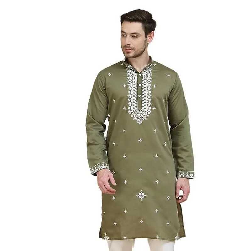 Luxury Casual Islamic Arabic Abaya Robe National style Ethnic Print Stand Collar Youth Mid-length Shirt Coat Muslim Men Kurta W251216