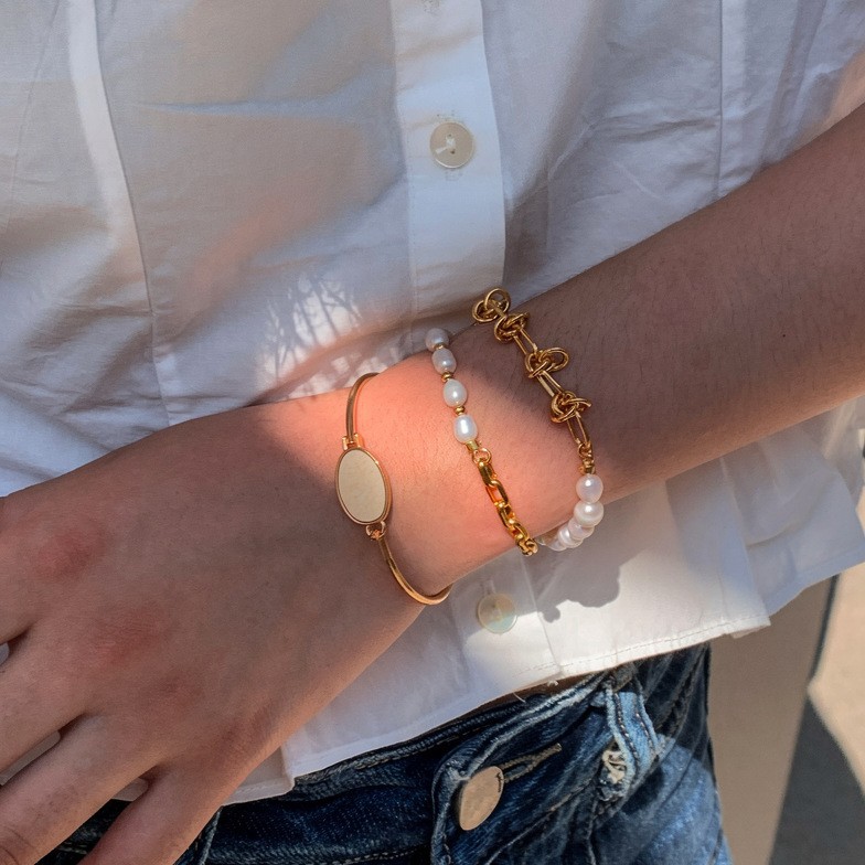 18k real gold plated oval mother-of-pearl star fashionable elegant metal style bracelet, light luxury and high-end feel jewelry - view 3