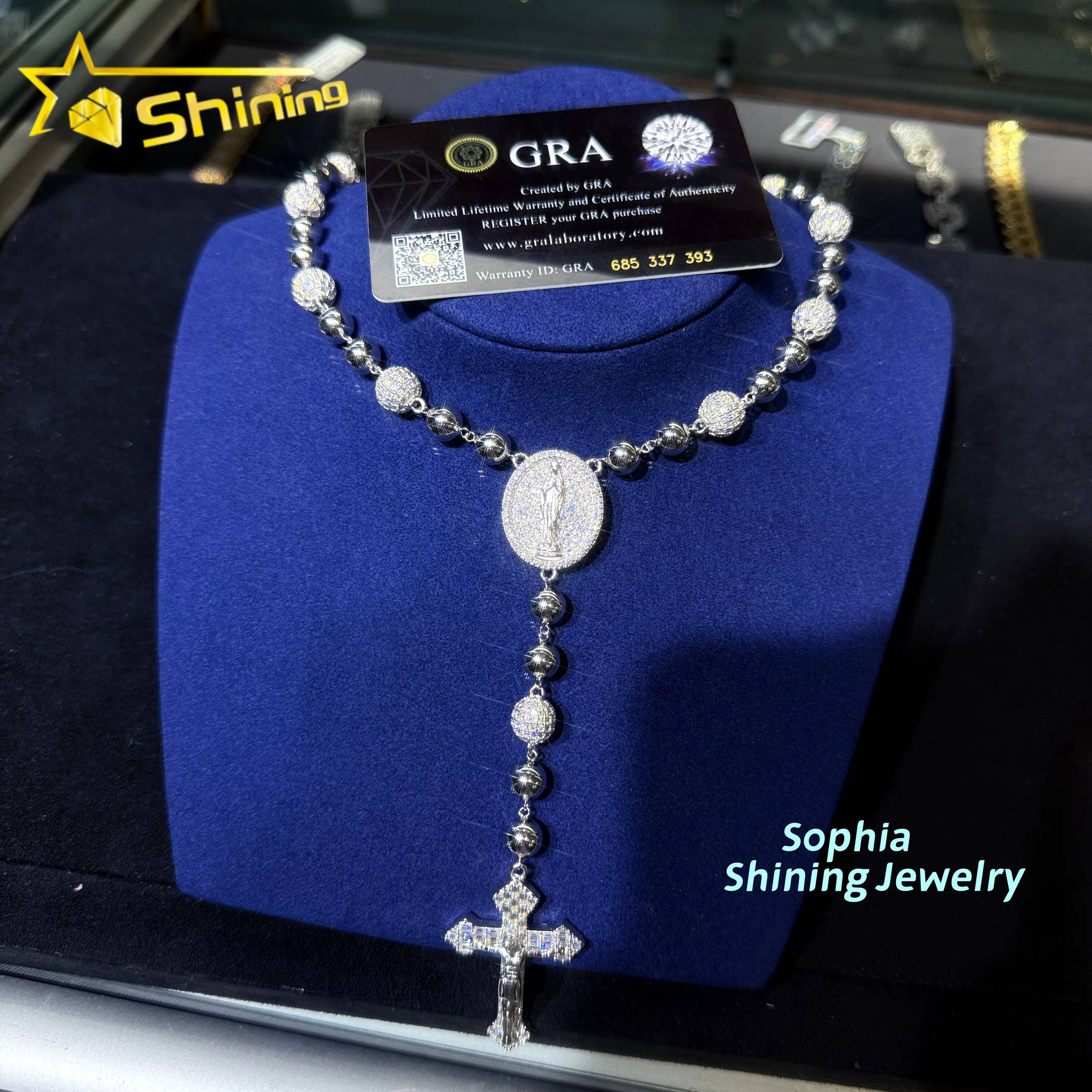 Hip Hop 925 Silver Moissanite Bead Necklace with Cross Pendant Custom Iced Out Moissanite Diamond Rosary Chain