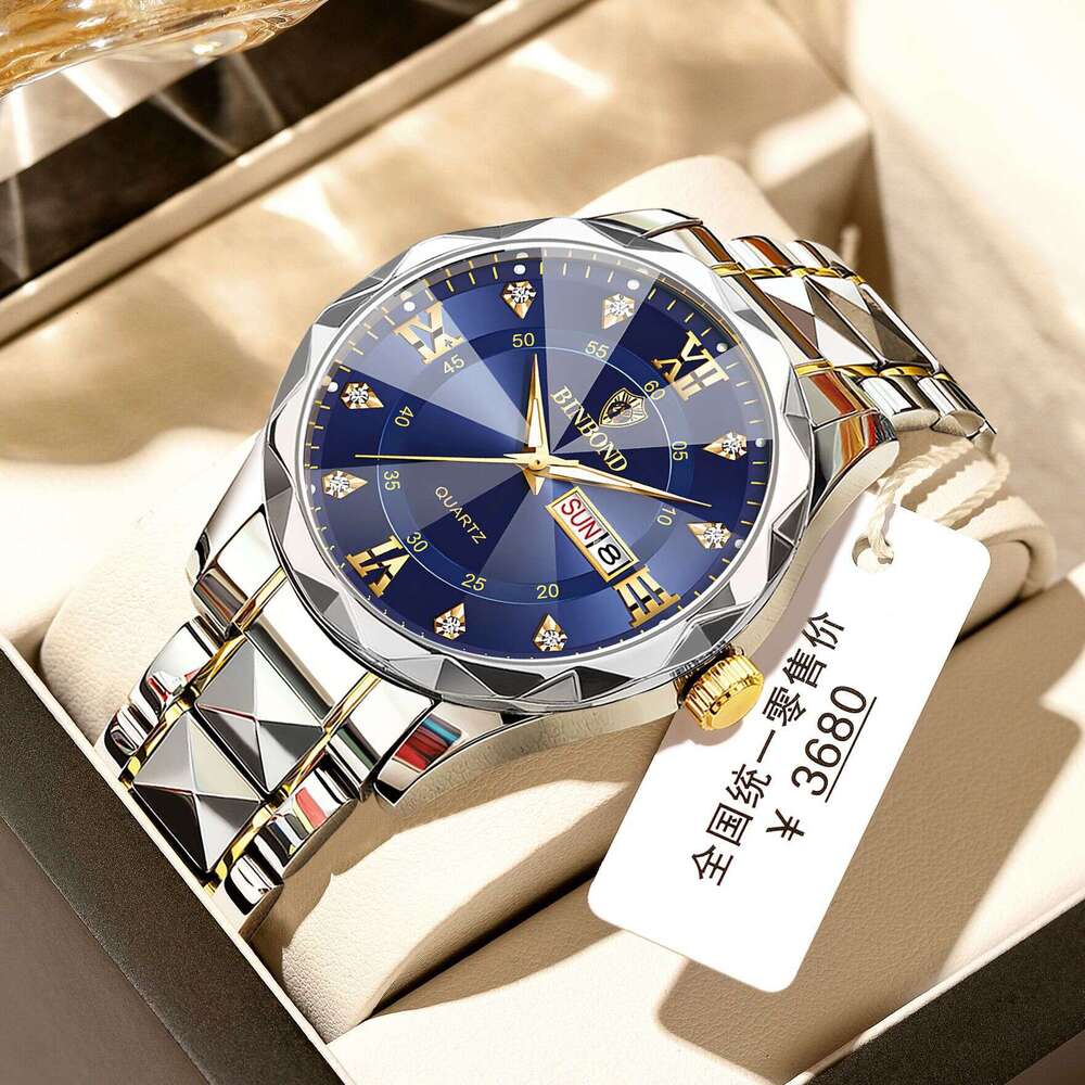Luxury Brand Designer Clothes BINBOND Genuine Waterproof Luminous Dual Calendar Men's Quartz Watch Diamond-Shaped Pointed Glass