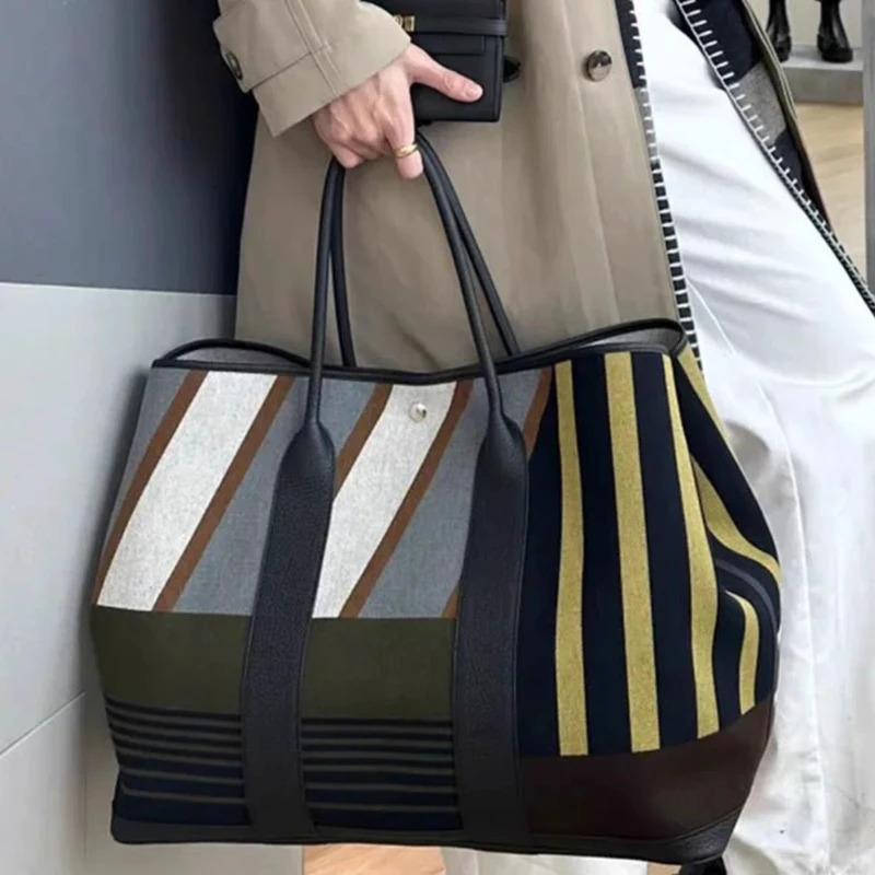 y Striped Canvas Tote Bag with Leather Trim and Rolled Handles Large Garden Party Shopping in High Quality Materials 260416
