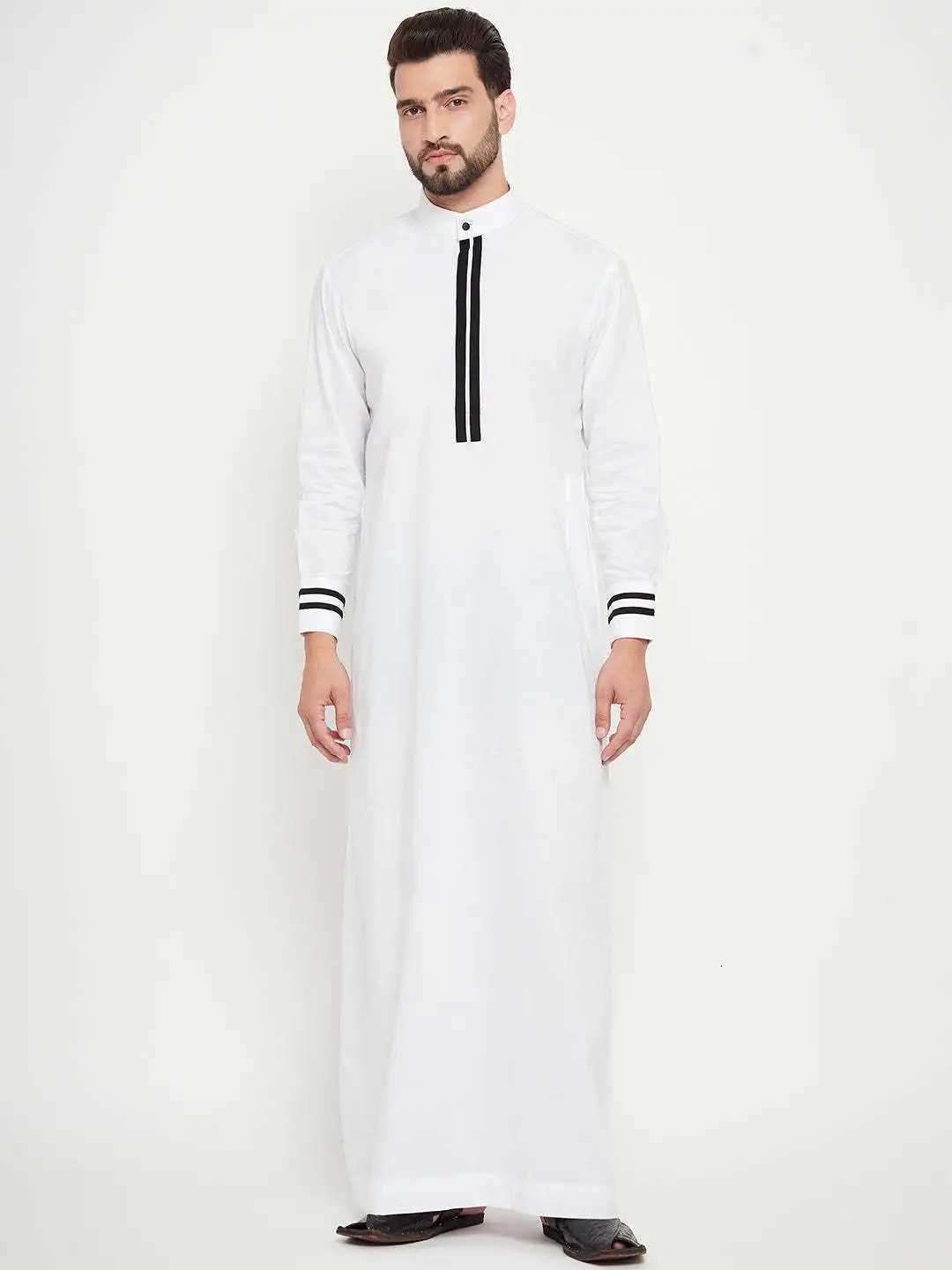 Mens Arab Shirt Long Robe with round Neck Pocket Striped Patchwork Collar Middle East Muslim Fashion Islamic Clothing W251216