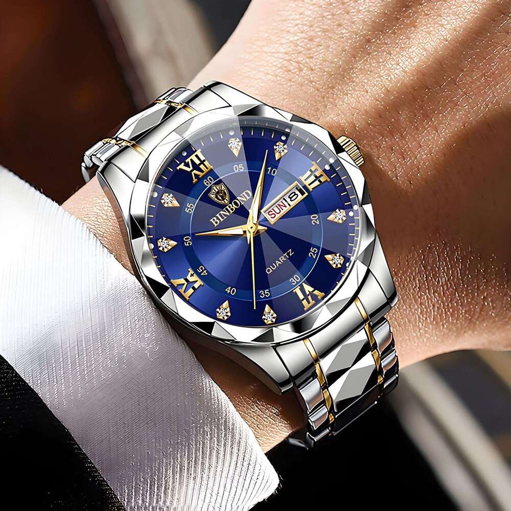 Luxury Brand Designer Clothes BINBOND Genuine Waterproof Luminous Dual Calendar Men's Quartz Watch Diamond-Shaped Pointed Glass