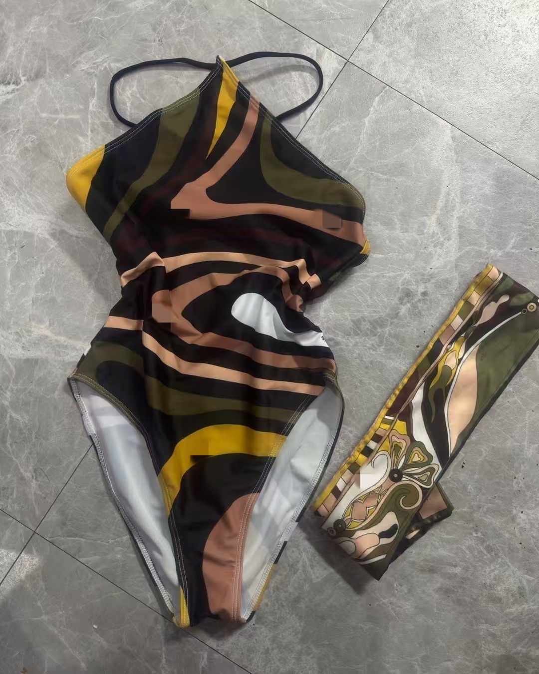 Womens Hollow Out One-piece Swimsuits And Skirt Geometry Print Sexy Bikini Fashion Beach Bathing Suit 250327