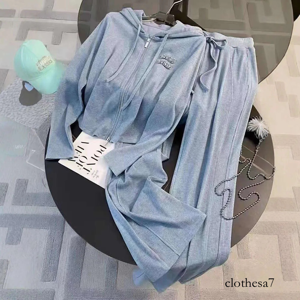 Salt-Style Casual Sports Suit For Women, Spring Trendy, Age-Reducing, Slimming, Blue Hooded Sweatshirt And Wide-Leg Pants Two-Piece Set