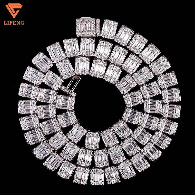18K Gold Plated 925 Sterling Silver Fashion Tennis Chain Necklace With Emerald Baguette Cut VVS Moissanite Diamond for Men Women