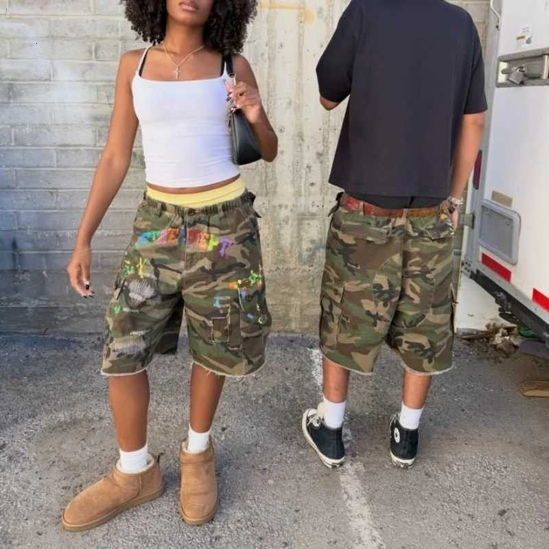 Y2K American Cargo Shorts Paint Splatter Camouflage Pattern Bottom New Trendy Retro Hip Hop Streetwear Unisex Baggy Short Pants X260417