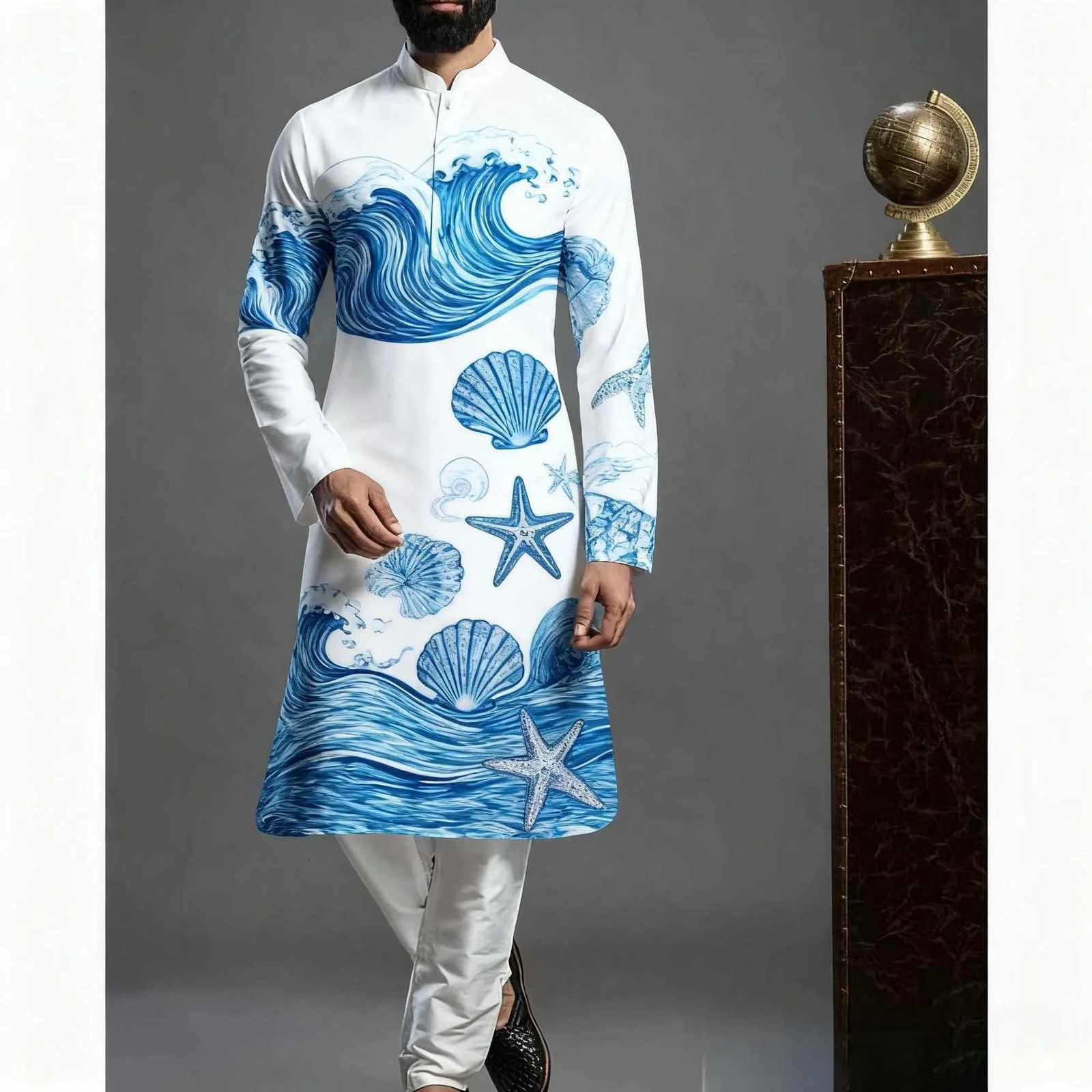 Mens Islamic Arabic Abaya Robe Ethnic Print Stand Collar Youth Mid-length Shirt Luxury Coat Casual Turkish Suit For Men W251216