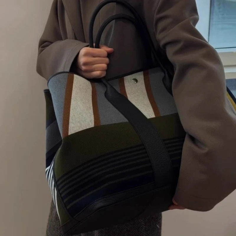 y Striped Canvas Tote Bag with Leather Trim and Rolled Handles Large Garden Party Shopping in High Quality Materials 260416