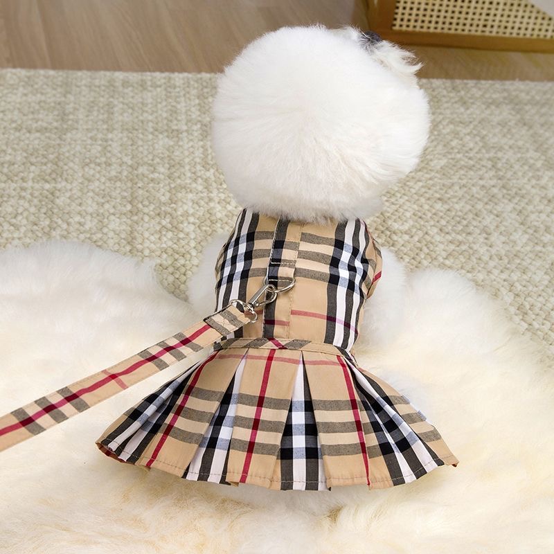 Luxury Dog Clothes Elegant Checkered Dog Harness Dress with Leash Set Stylish Plaid Pet Skirt for Small Breeds Bichon Frise Yorkie Birthday Gift for D