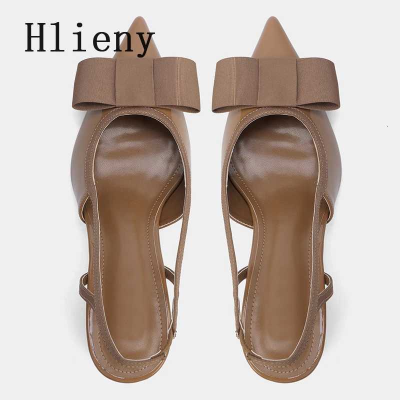 Hlieny Vintage Brown Elastic Butterfly Knot Designer High Heels Sandals Patent Leather Pointed Toe Slingbacks Shoes Women Pumps X260417
