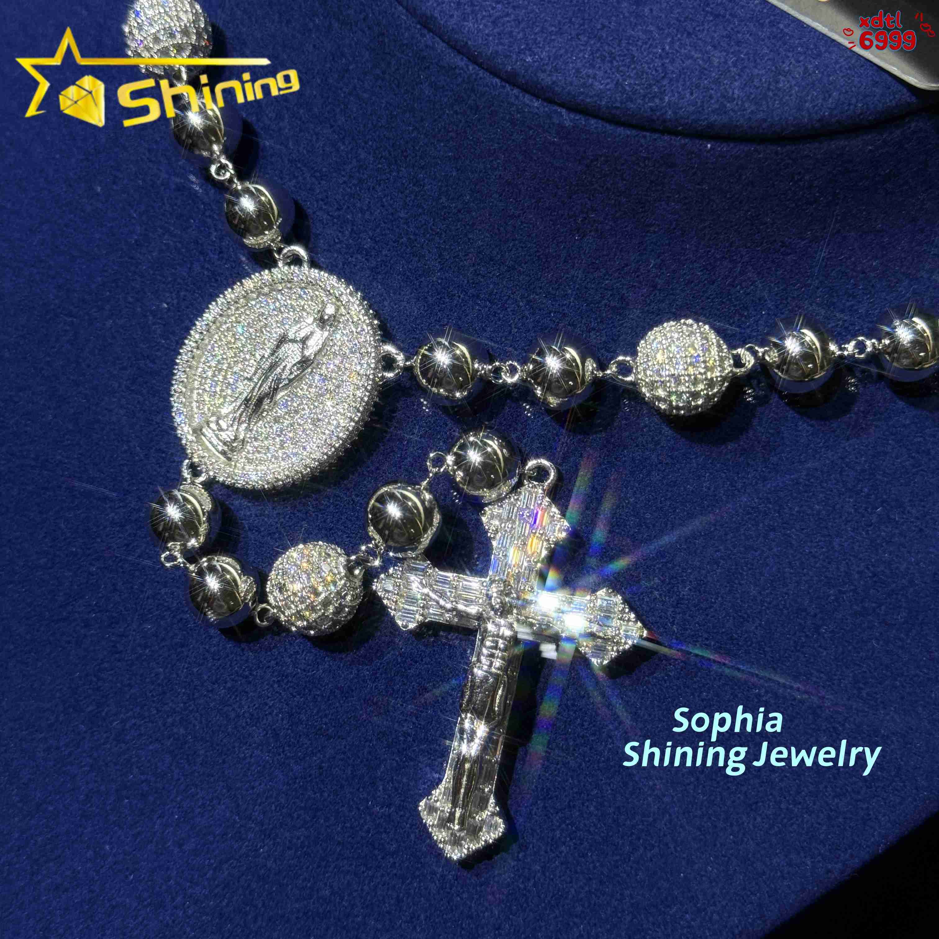Hip Hop 925 Silver Moissanite Bead Necklace with Cross Pendant Custom Iced Out Moissanite Diamond Rosary Chain