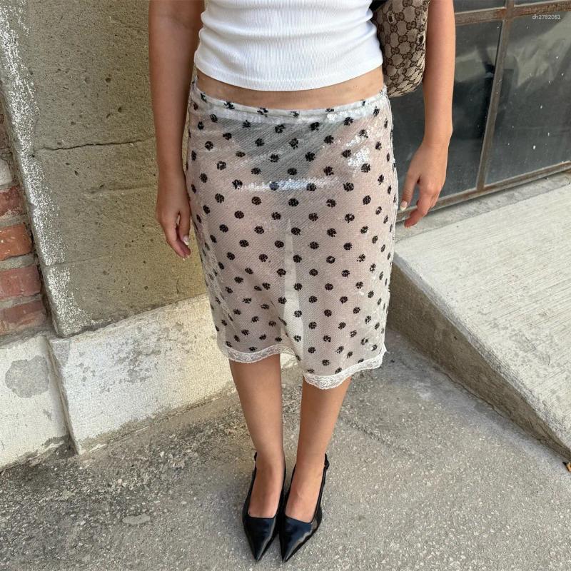 Skirts Hirigin Women's Fashion Midi Sequins Lace Trim Low Waist Summer Bodycon Dress Y2K Streetwear