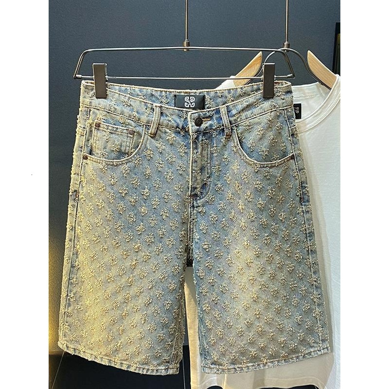 jeans for mens designer American Style New Denim Shorts Men Summer Loose Straight Ripped Jacquard High-end Feel Five-point Mid-length Pants mens cloth
