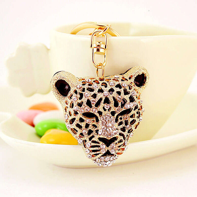 Creative Craft Inlaid Diamond Leopard Head Car Keychain Accessory Crystal Animal Pendant Small Gift 313
