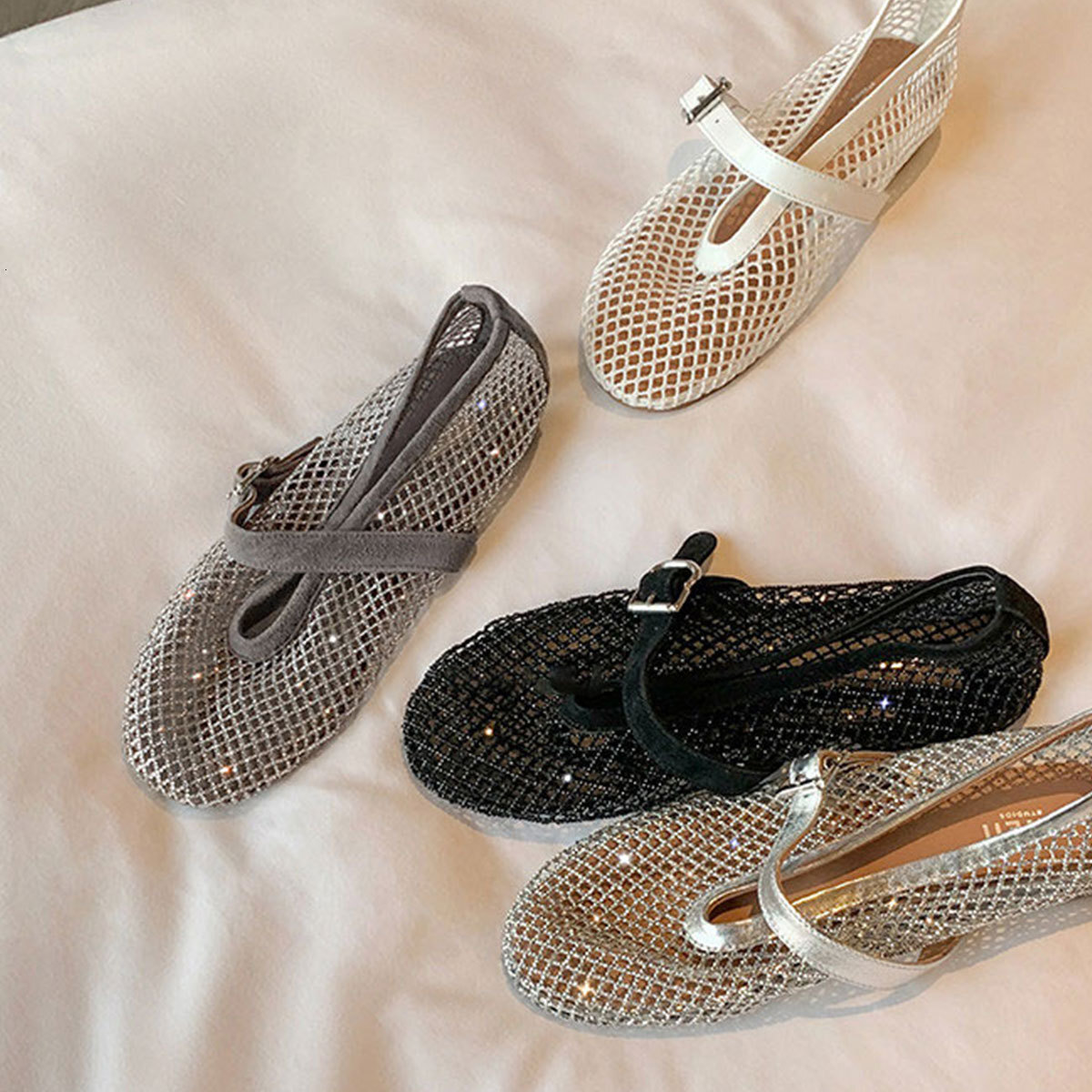 Mesh Rhinestone Mary Jane Mules For Women Breathable Hollow Out Flat Slippers With Adjustable Buckle Strap Casual Summer Shoes