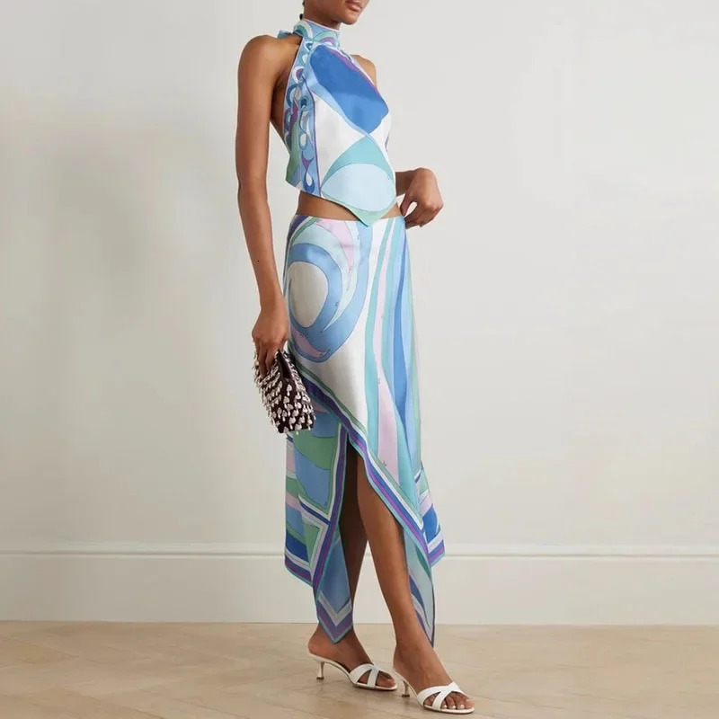 Spring Summer Satin Holiday Outfits Woman Sexy Tie-up Halter Top Irregular Skirt Set Backless Pattern Print Two Piece Suit 260417