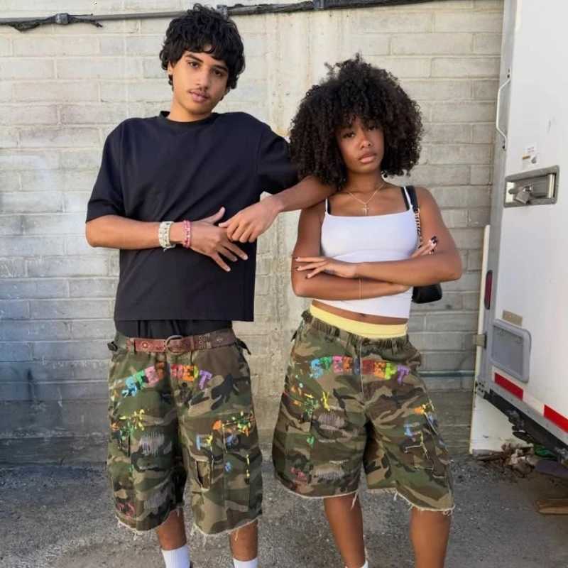 Y2K American Cargo Shorts Paint Splatter Camouflage Pattern Bottom New Trendy Retro Hip Hop Streetwear Unisex Baggy Short Pants X260417