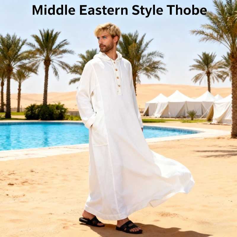 Arab Style Long Mens Hooded Shirt Muslim Robe for Men W251216