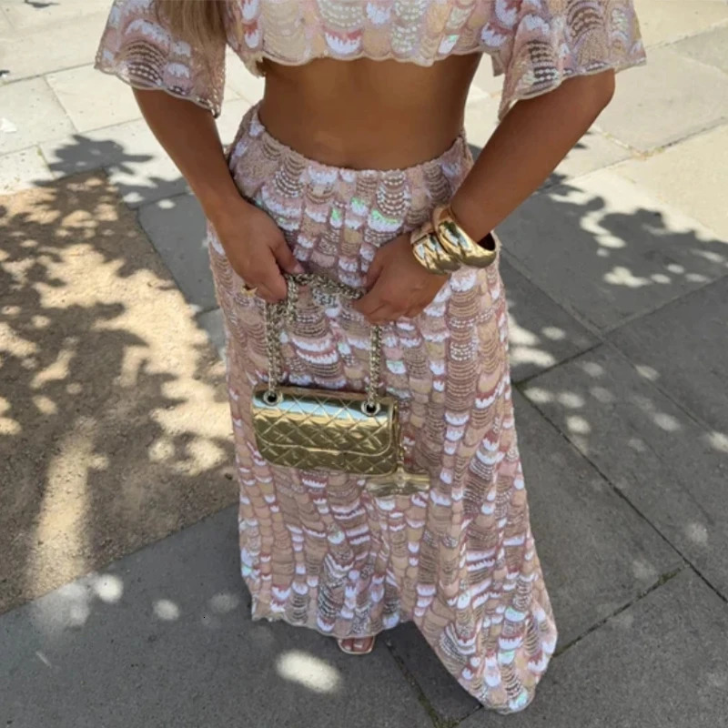 Retro Embroidered Sequins Top Long Skirt Set Lady Sexy Irregular Short Tops Perspective Beads Skirts Sets Women Chic Street 260416