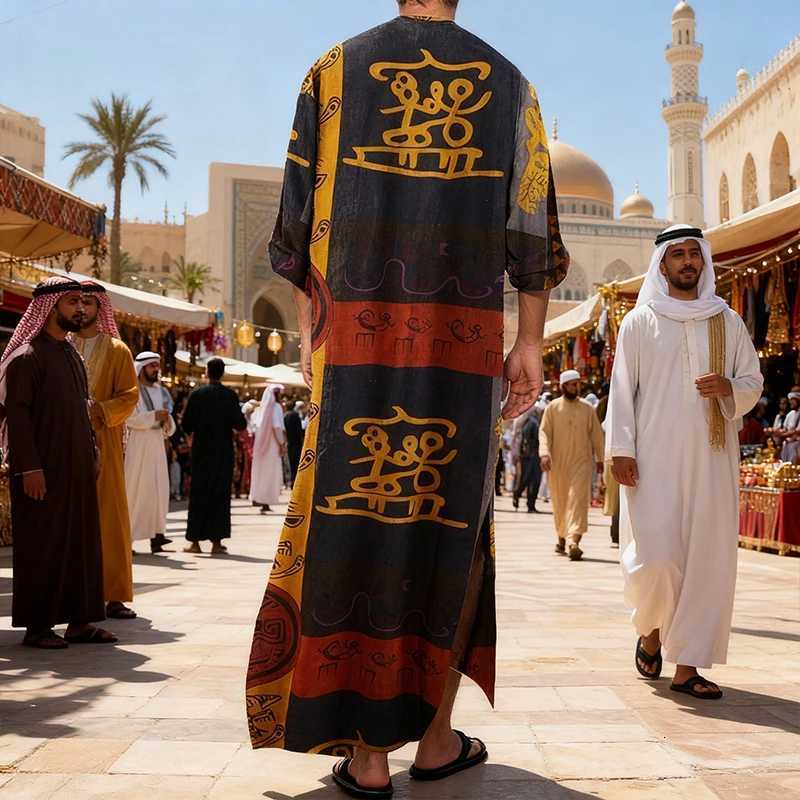 Mens Muslim Robes Ethnic Graphics Printed Long Sleeve Cotton Pockets Robes Casual Islamic Arab Kaftan Dubai Kaftan 2025 New W251216