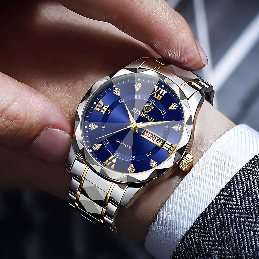 Clothes BINBOND Genuine Waterproof Luminous Dual Calendar Men's Quartz Watch Diamond-Shaped Pointed Glass