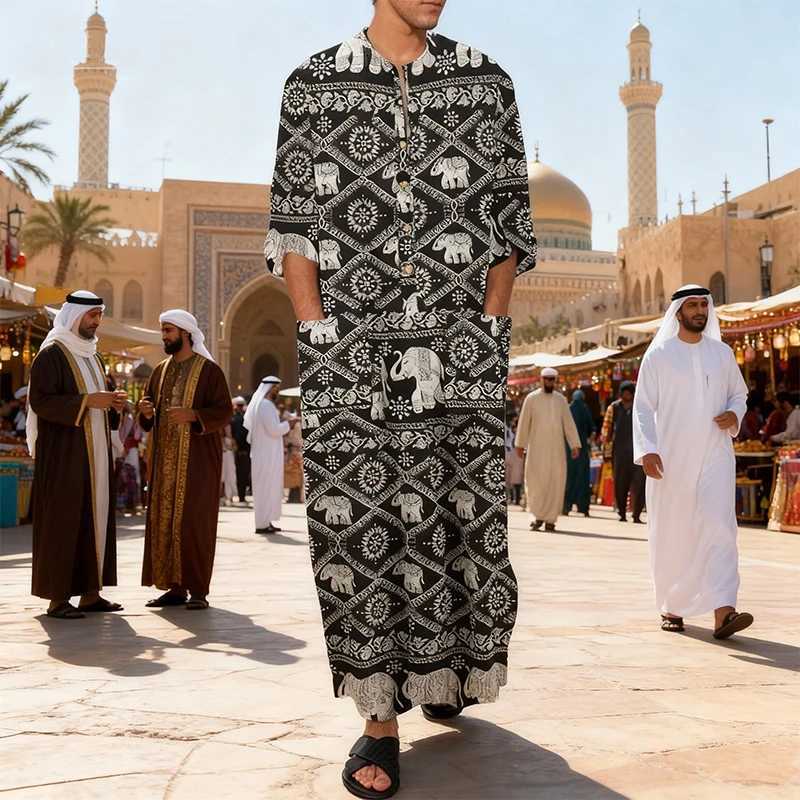 Mens Muslim Robes Ethnic Graphics Printed Long Sleeve Cotton Pockets Robes Casual Islamic Arab Kaftan Dubai Kaftan 2025 New W251216