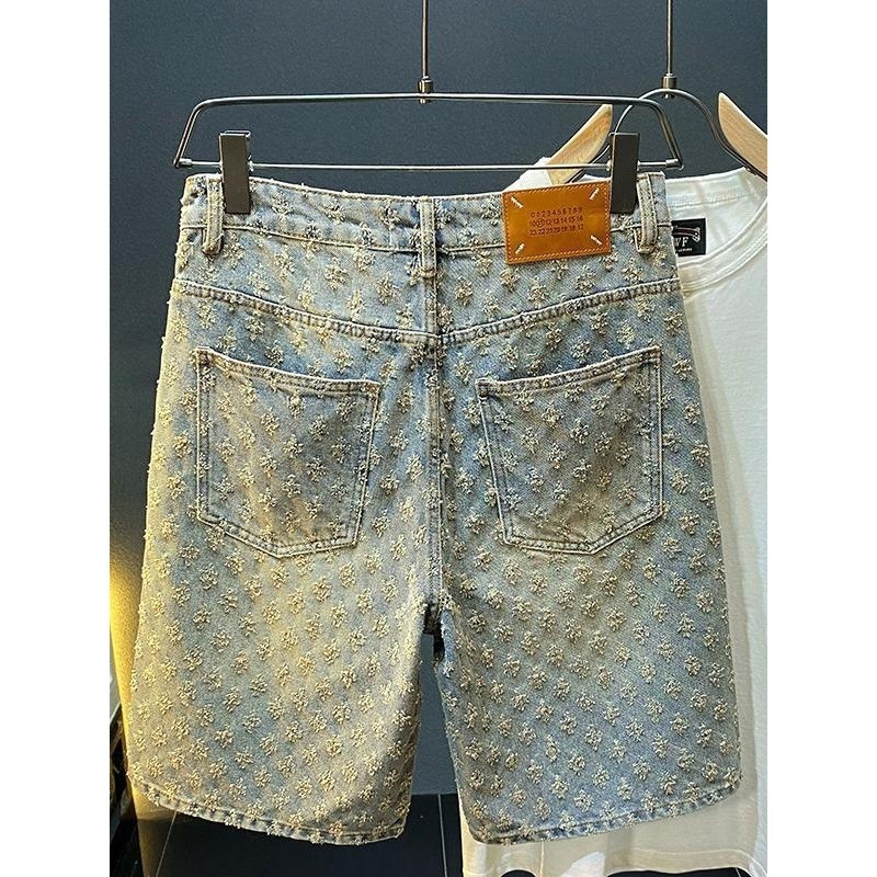 jeans for mens designer American Style New Denim Shorts Men Summer Loose Straight Ripped Jacquard High-end Feel Five-point Mid-length Pants mens cloth