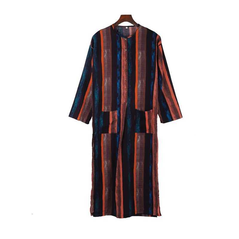Mens Muslim Robes Striped Printed Long Sleeve Cotton Pockets Robes Button-down Leisure Vintage Islamic Arab Kaftan Dubai New W251216