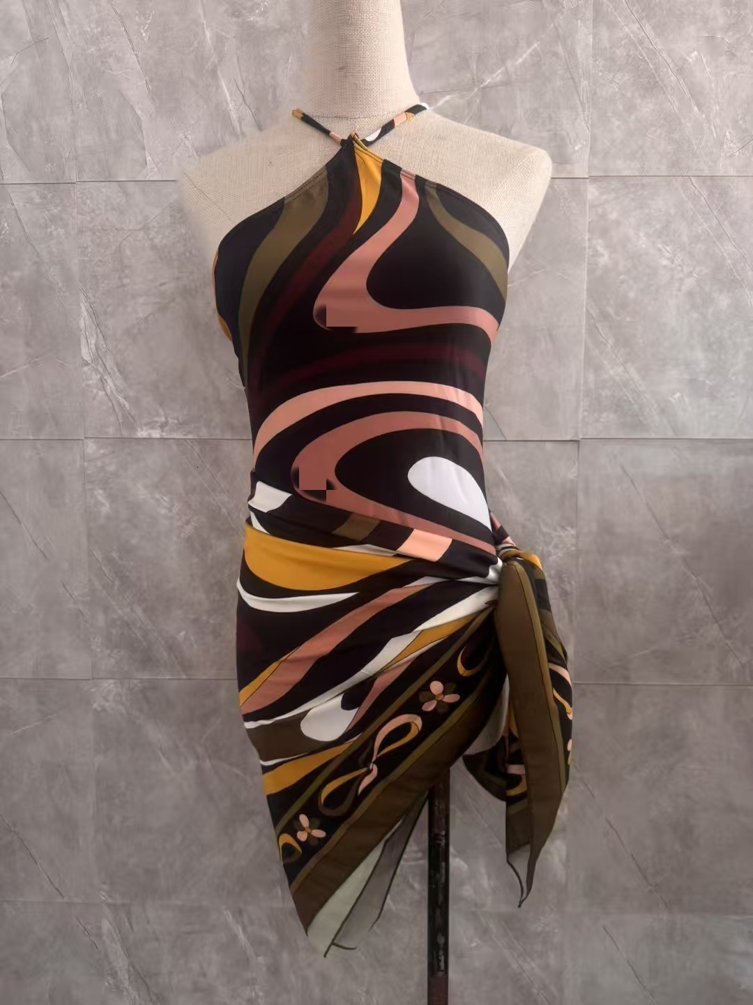 Womens Hollow Out One-piece Swimsuits And Skirt Geometry Print Sexy Bikini Fashion Beach Bathing Suit 250327