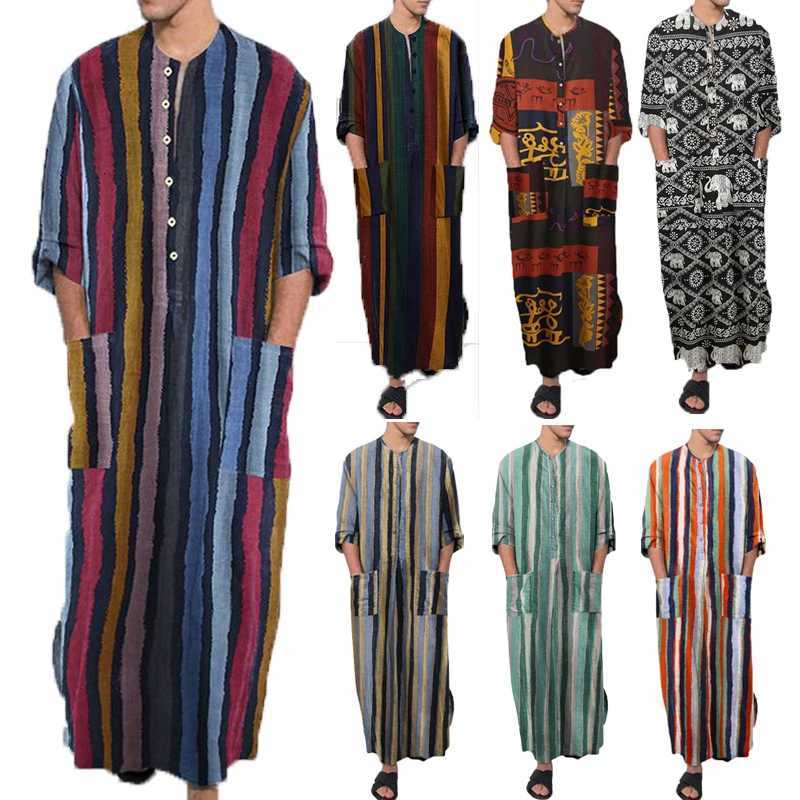 Mens Muslim Long Sleeve Cotton Striped Robes Islamic Arabian Kaftan Suit Middle East Dubai Abaya Retro Spring Clothing 2025 New W251216