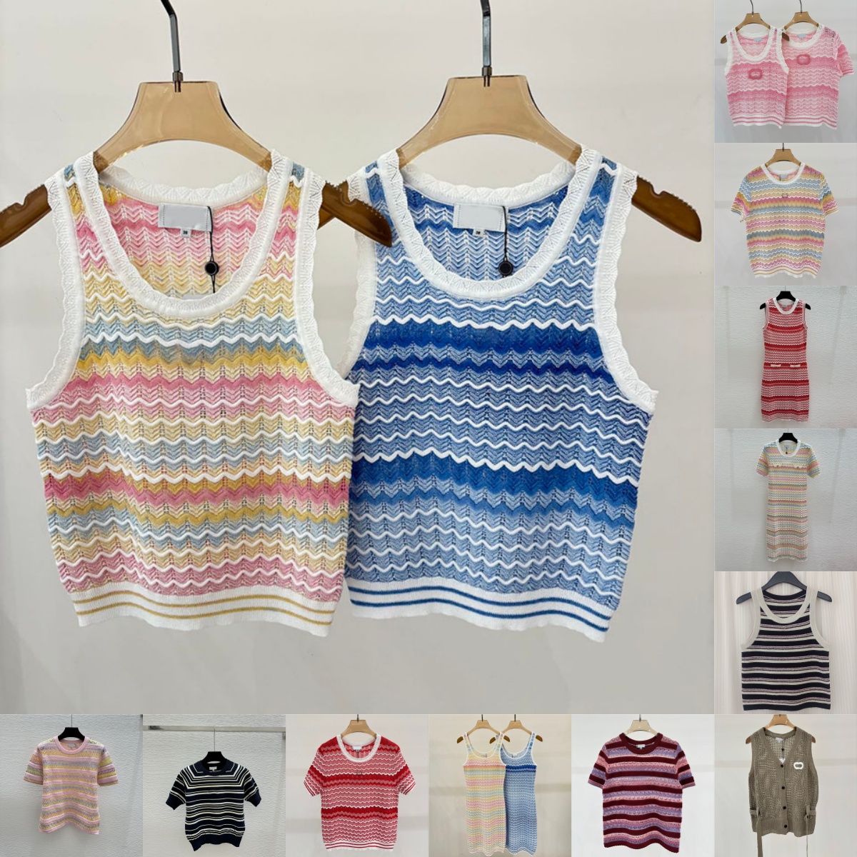 Designer Women Casual Long Dress Contrast Color Vintage t Shirts Summer Beach Vacation Elegant Knitwear Luxury Slim Fit Breathable Cropped Vests