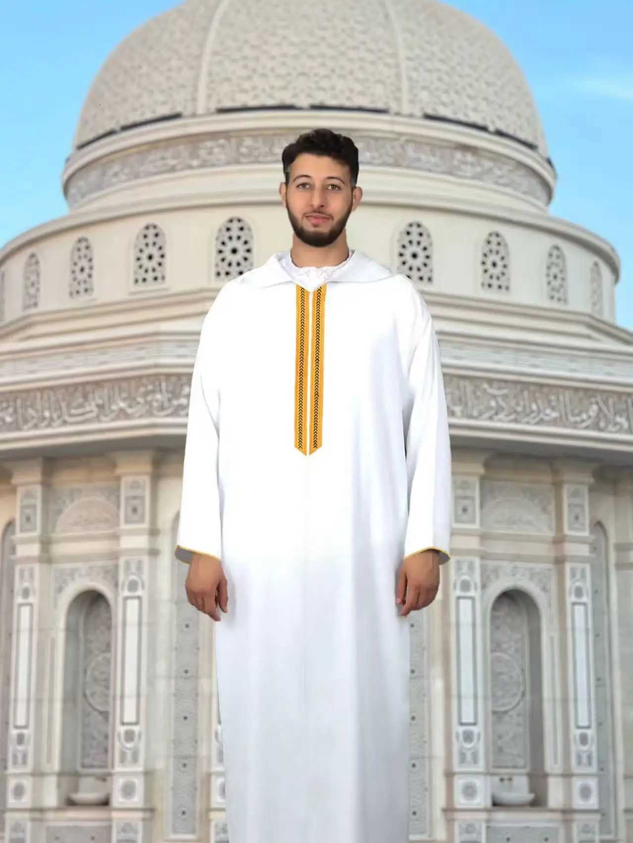 Muslim mens white long-sleeved embroidered robe Moroccan headscarf Saudi Arabian Islamic mens prayer kasaya W251216
