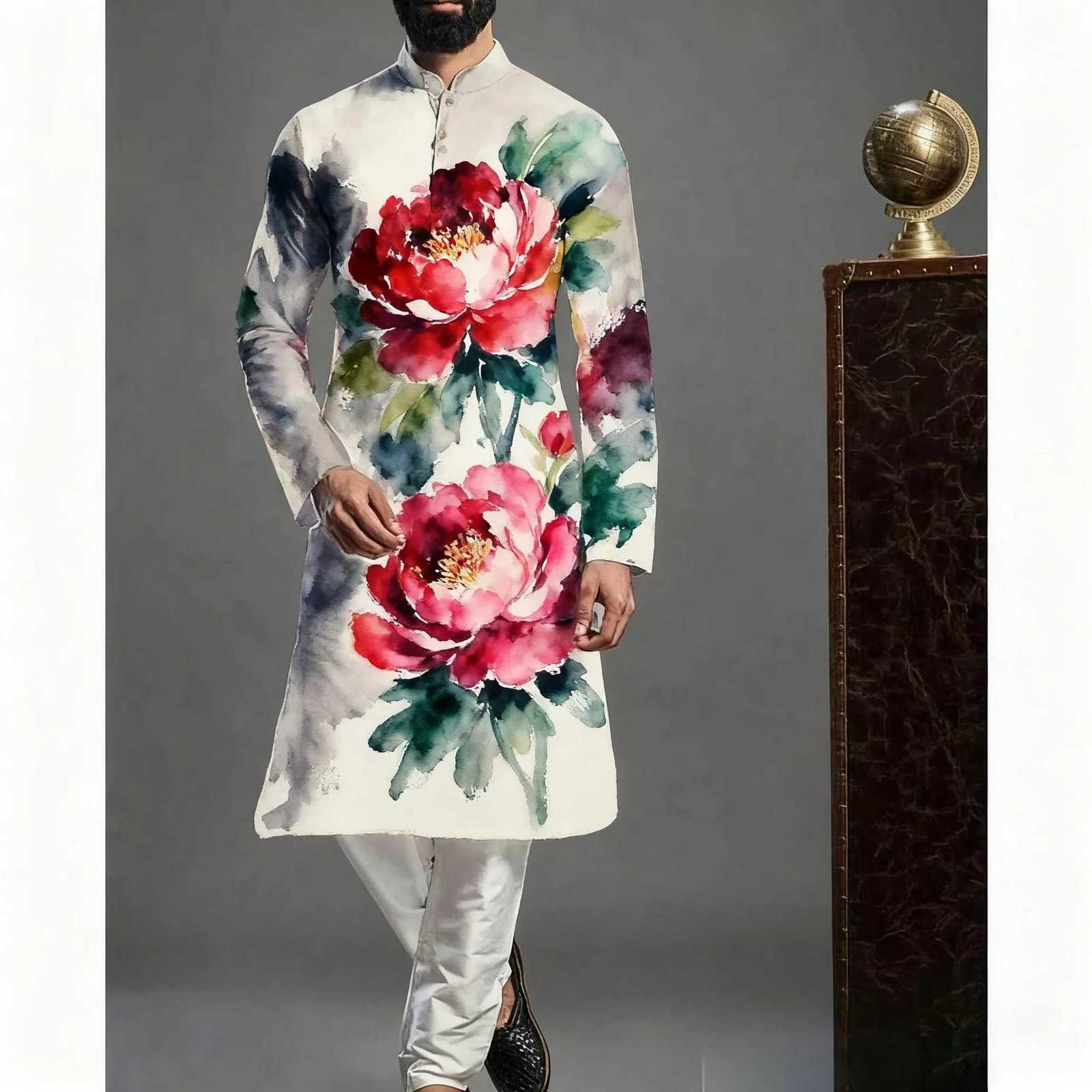 2026 Men Muslim Shirts Patchwork Neck Long Sleeve Vintage Men Clothing Islamic Arabic Casual Male Islamic Clothing Men W251216