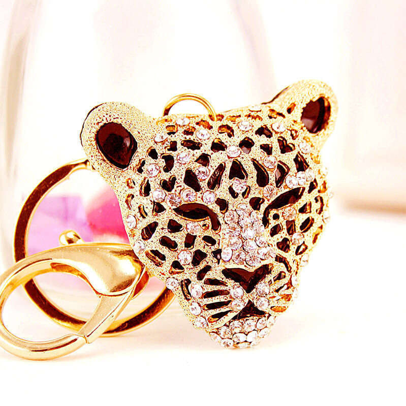 Creative Craft Inlaid Diamond Leopard Head Car Keychain Accessory Crystal Animal Pendant Small Gift 313