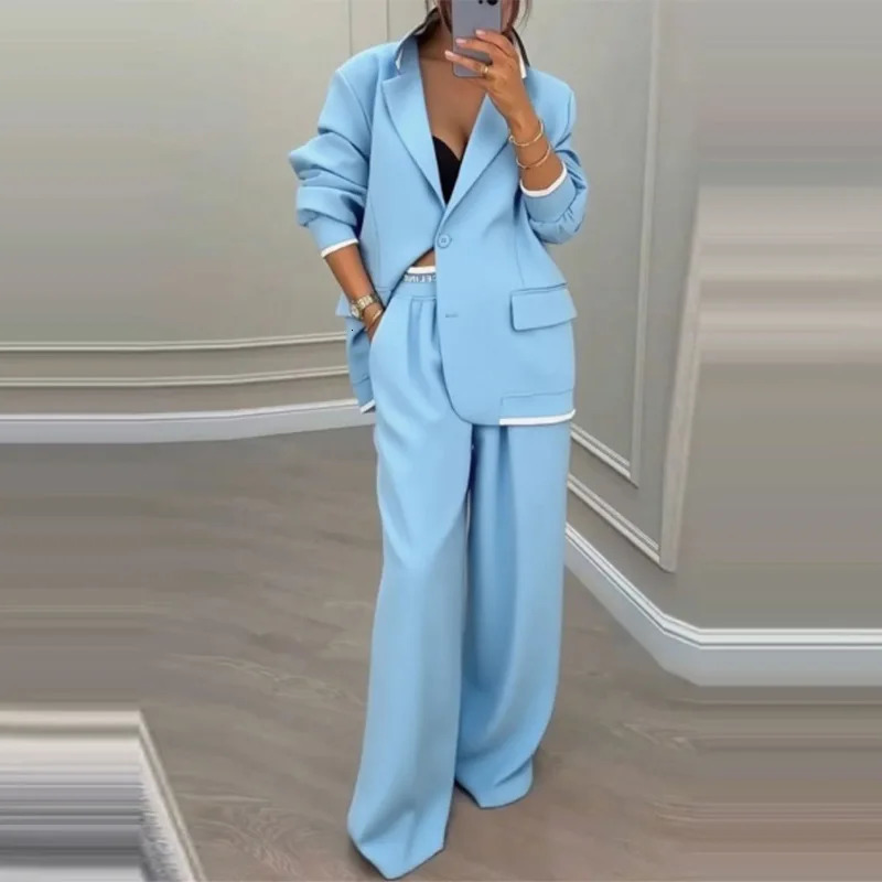 Elegant Dark Gray Acetate Women's Blazer and Wide Leg Pants Set - Relaxed Fit Two-Piece Suit for Business - view 7