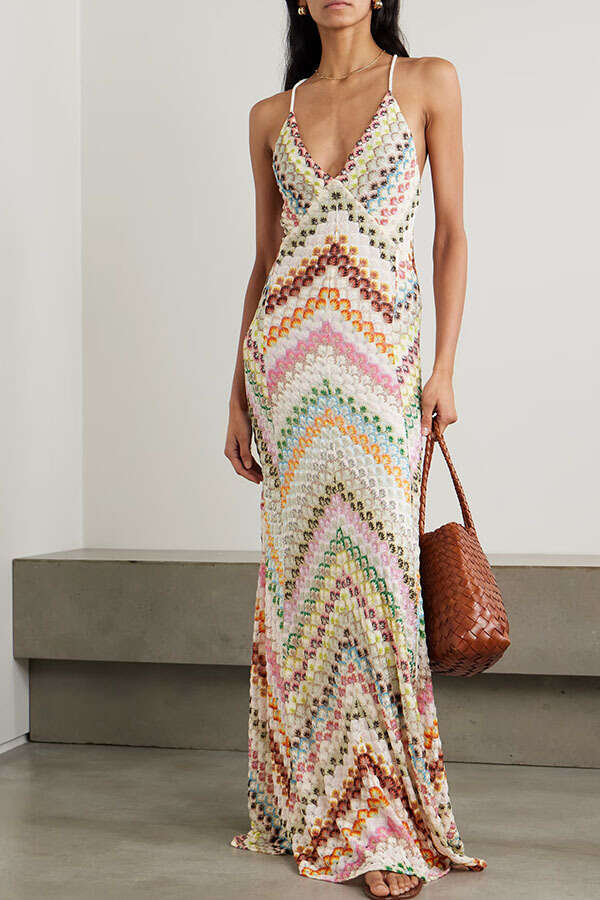 Women's Multicolor Crochet Halter Maxi Dress, V-Neck Sleeveless Chevron Pattern Knit Dress, Bohemian Beach Cover-Up for Summer Vacation