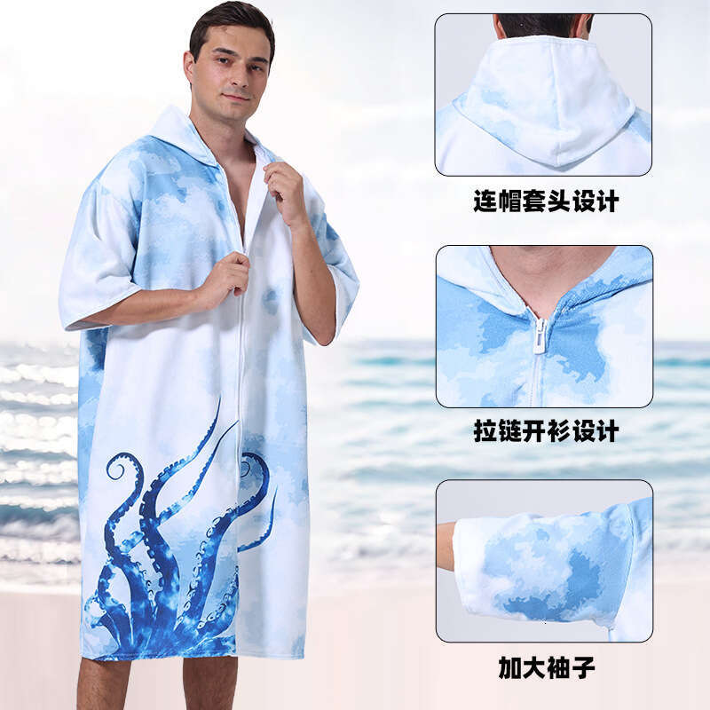 Zipper Hooded Cape Bath Towel Microfiber Bathrobe Wearable Swimming Beach Towel Quick Dry Soft Absorbent Surf Poncho MAKOUFEI