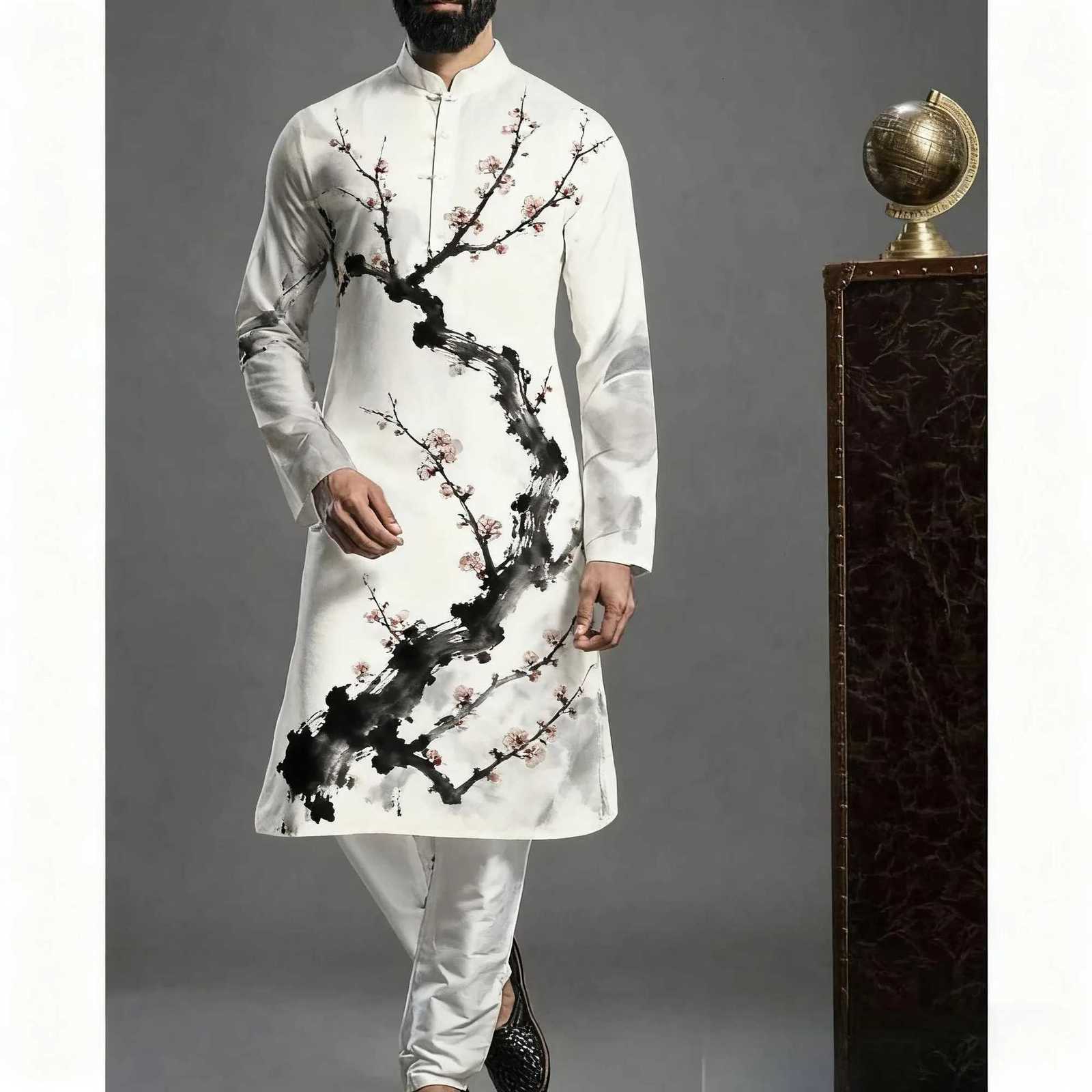 2026 Men Muslim Shirts Patchwork Neck Long Sleeve Vintage Men Clothing Islamic Arabic Casual Male Islamic Clothing Men W251216