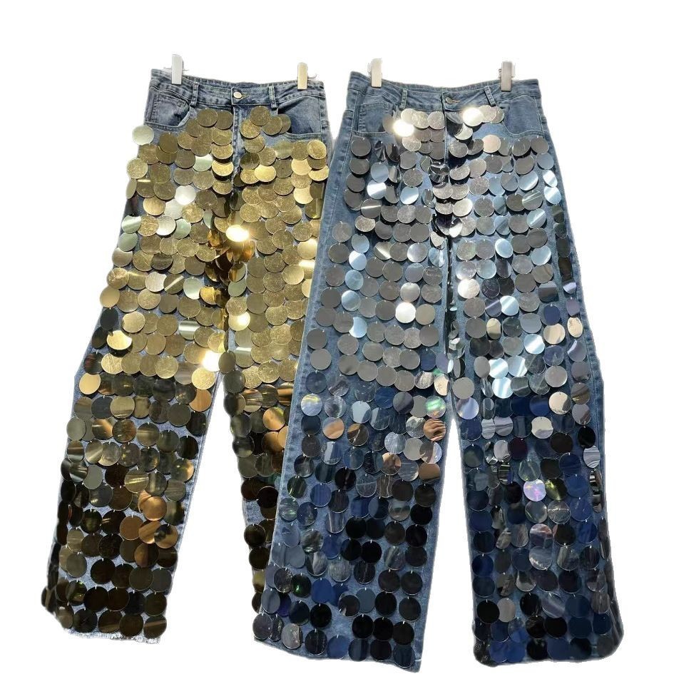 High-end unique sequined handcrafted heavy-decorated straight-cut slimming street-style high-waisted womens jeans 251009